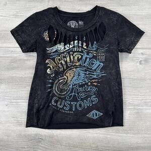Affliction Shirt Womens Small Black Customs Moto Upcycled Shredded Neckline
